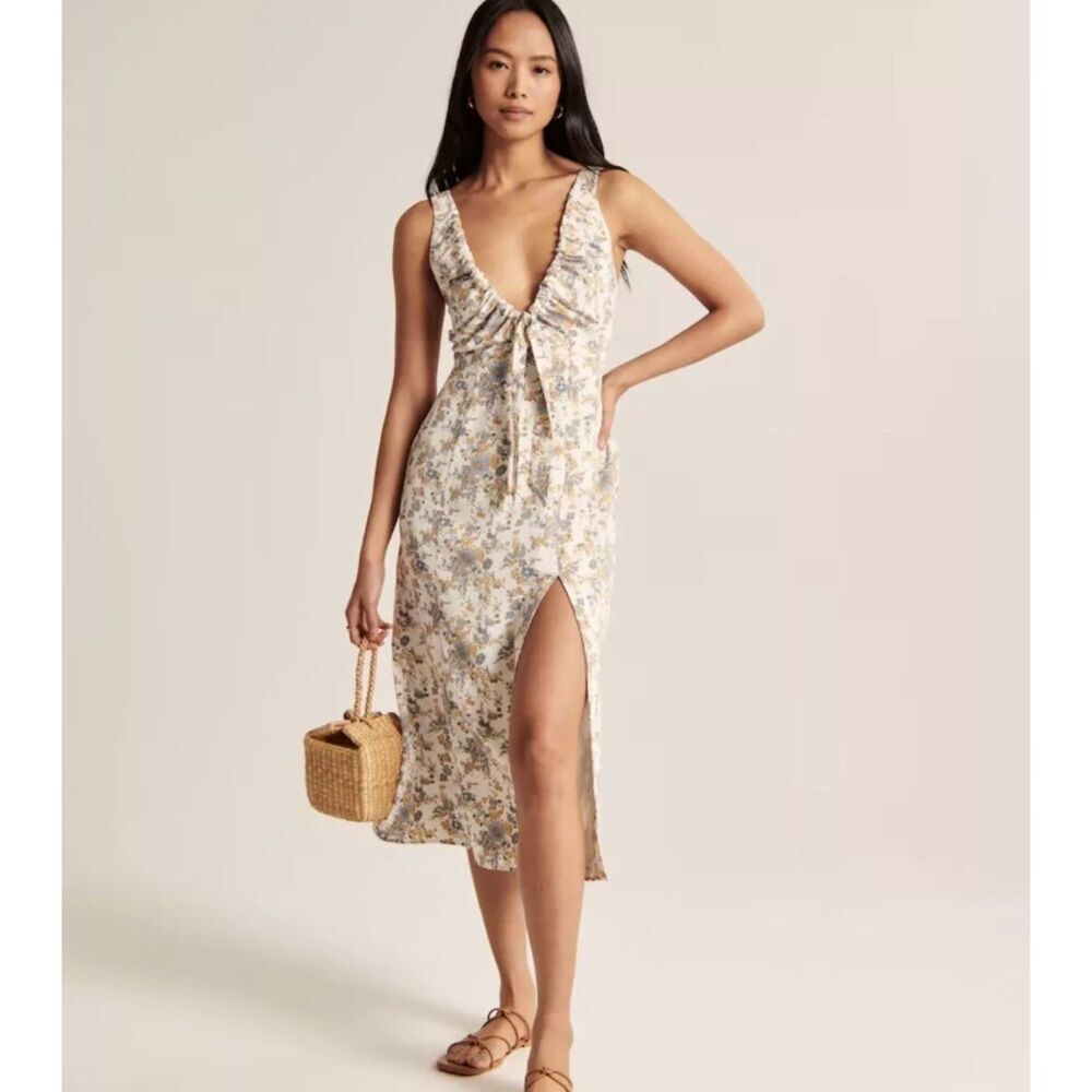 Abercrombie & Fitch Floral Midi Dress - Cream and Blue